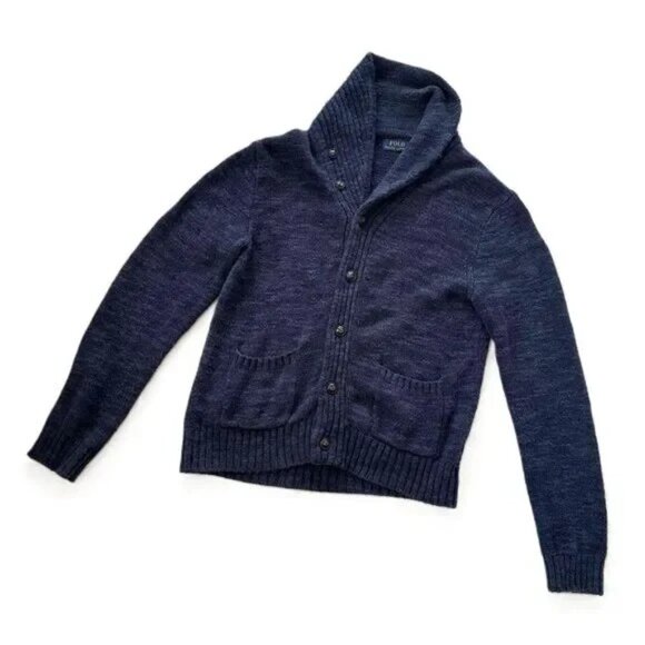 Polo Ralph Lauren Button Cardigan M Medium Blue Shawl Collar Cotton Knit Marled - Picture 7 of 10